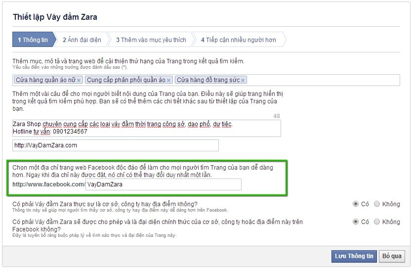 xác định thông tin cửa hàng trong fanpage